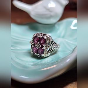 Vintage CNA Sterling Silver Filigree Garnet Ring Size 6